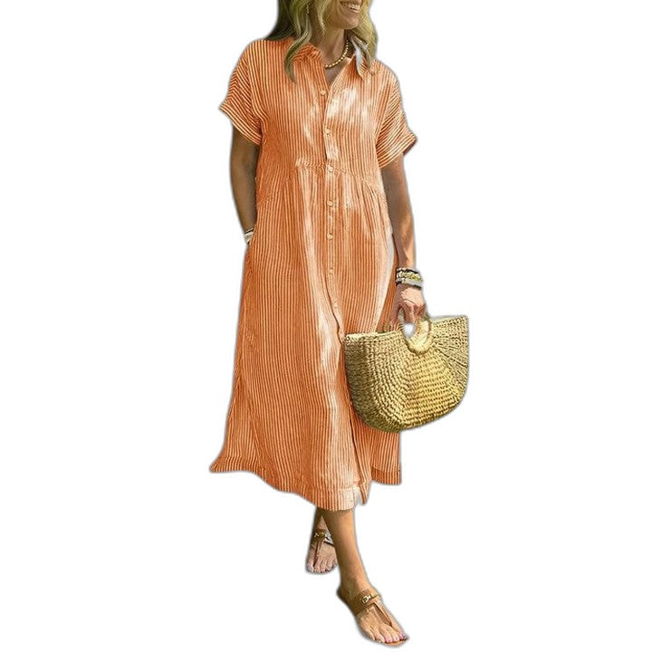 Effortless Blue Maxi Dress for Women with Collared Short Sleeve Button Front Flowing Casual Style
