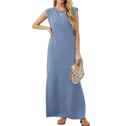 Effortless Blue Maxi Dress for Women with Crew Neck Sleeveless Flowing Pockets Casual Style