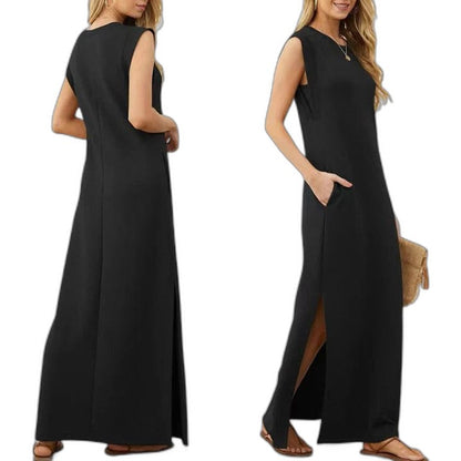 Effortless Blue Maxi Dress for Women with Crew Neck Sleeveless Flowing Pockets Casual Style