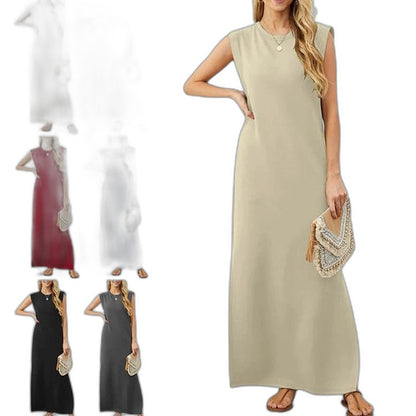 Effortless Blue Maxi Dress for Women with Crew Neck Sleeveless Flowing Pockets Casual Style