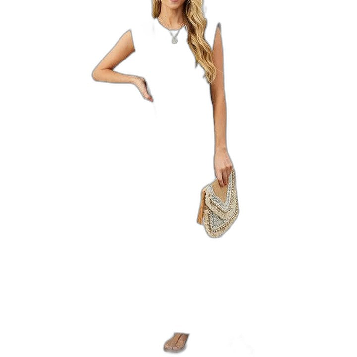 Effortless Blue Maxi Dress for Women with Crew Neck Sleeveless Flowing Pockets Casual Style