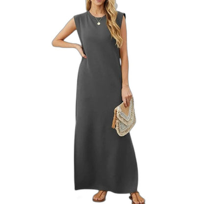 Effortless Blue Maxi Dress for Women with Crew Neck Sleeveless Flowing Pockets Casual Style