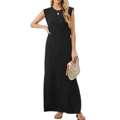 Effortless Blue Maxi Dress for Women with Crew Neck Sleeveless Flowing Pockets Casual Style
