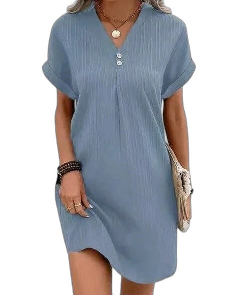Effortless Blue Mini Dress for Women with V Neck Short Sleeve Button Front Flowing Casual Style