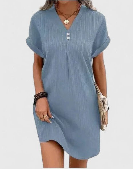 Effortless Blue Mini Dress for Women with V Neck Short Sleeve Button Front Flowing Casual Style