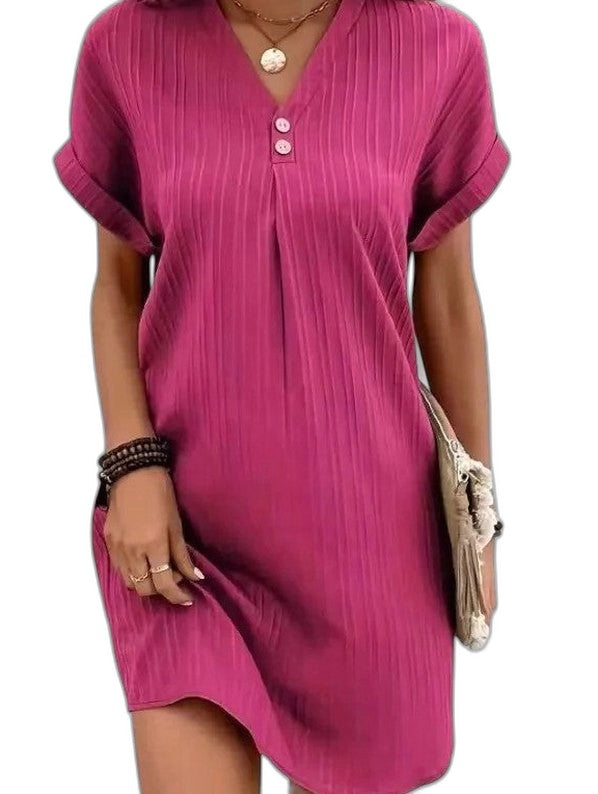 Effortless Blue Mini Dress for Women with V Neck Short Sleeve Button Front Flowing Casual Style