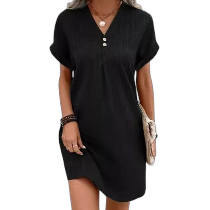 Effortless Blue Mini Dress for Women with V Neck Short Sleeve Button Front Flowing Casual Style