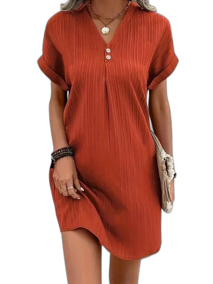 Effortless Blue Mini Dress for Women with V Neck Short Sleeve Button Front Flowing Casual Style