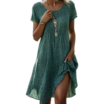 Effortless Blue Polka Dot Mini Dress for Women with V Neck Short Sleeve Tiered Flowing Pockets Casual Style