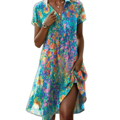 Effortless Blue Polka Dot Mini Dress for Women with V Neck Short Sleeve Tiered Flowing Pockets Casual Style
