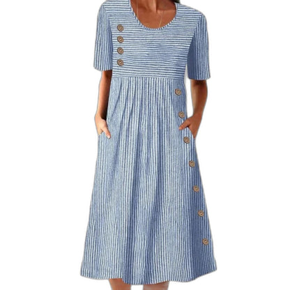 Effortless Blue Striped Midi Dress for Women with Crew Neck Short Sleeve A Line Pleated Button Front Casual Style