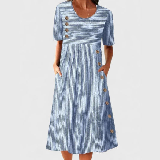 Effortless Blue Striped Midi Dress for Women with Crew Neck Short Sleeve A Line Pleated Button Front Casual Style