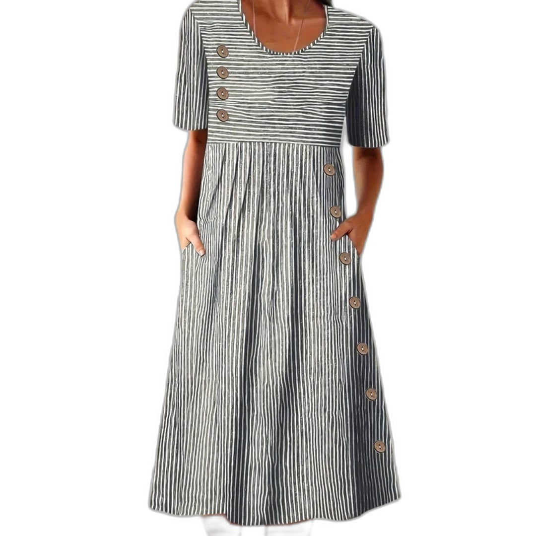Effortless Blue Striped Midi Dress for Women with Crew Neck Short Sleeve A Line Pleated Button Front Casual Style