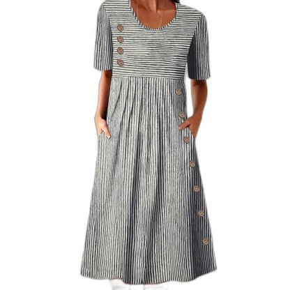 Effortless Blue Striped Midi Dress for Women with Crew Neck Short Sleeve A Line Pleated Button Front Casual Style