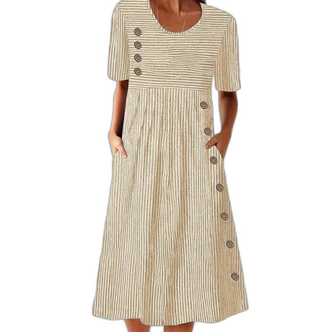 Effortless Blue Striped Midi Dress for Women with Crew Neck Short Sleeve A Line Pleated Button Front Casual Style