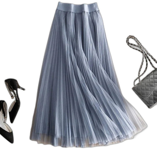 Effortless Blue Tulle Midi Skirt for Women with Pleated Flowing Casual Style