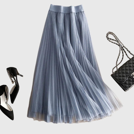 Effortless Blue Tulle Midi Skirt for Women with Pleated Flowing Casual Style