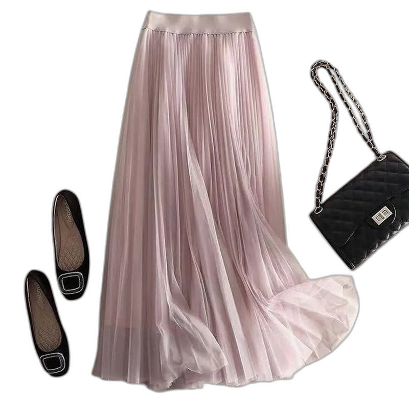Effortless Blue Tulle Midi Skirt for Women with Pleated Flowing Casual Style