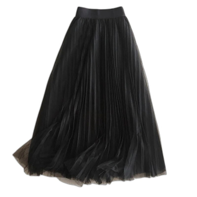 Effortless Blue Tulle Midi Skirt for Women with Pleated Flowing Casual Style