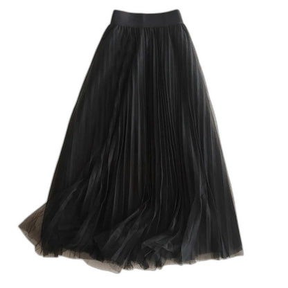 Effortless Blue Tulle Midi Skirt for Women with Pleated Flowing Casual Style