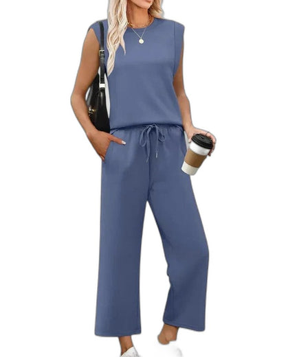 Effortless Blue Two Piece Set for Women with Wide Leg Pockets Casual Style