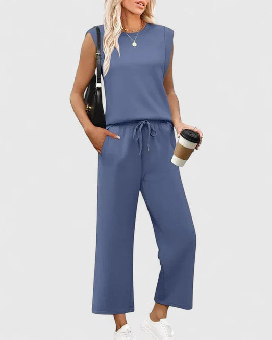Effortless Blue Two Piece Set for Women with Wide Leg Pockets Casual Style