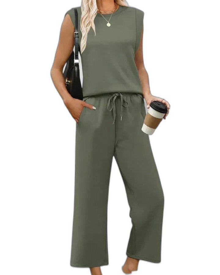 Effortless Blue Two Piece Set for Women with Wide Leg Pockets Casual Style