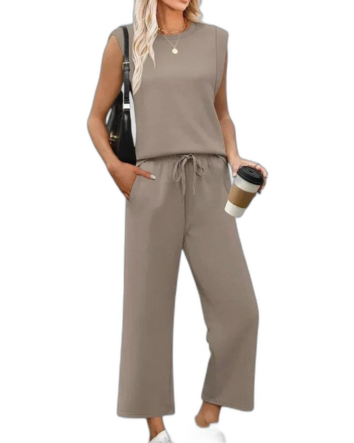 Effortless Blue Two Piece Set for Women with Wide Leg Pockets Casual Style