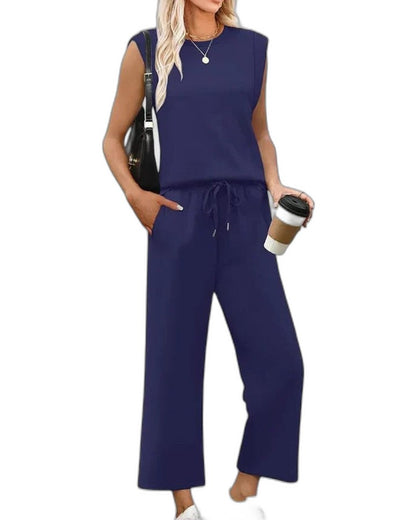 Effortless Blue Two Piece Set for Women with Wide Leg Pockets Casual Style