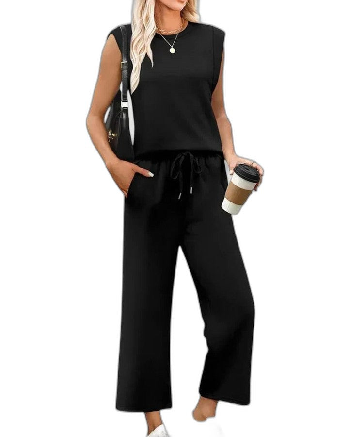 Effortless Blue Two Piece Set for Women with Wide Leg Pockets Casual Style