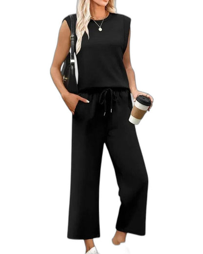 Effortless Blue Two Piece Set for Women with Wide Leg Pockets Casual Style