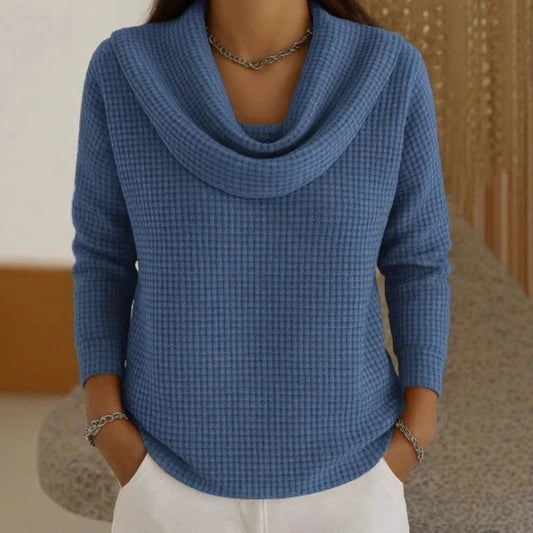 Effortless Blue Waffle Knit Sweater for Women with Cowl Neck Long Sleeve Casual Style