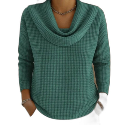 Effortless Blue Waffle Knit Sweater for Women with Cowl Neck Long Sleeve Casual Style