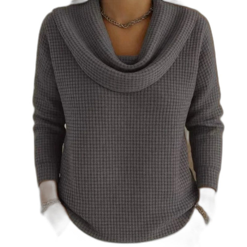 Effortless Blue Waffle Knit Sweater for Women with Cowl Neck Long Sleeve Casual Style