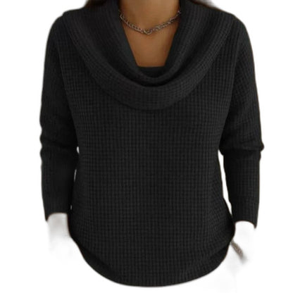 Effortless Blue Waffle Knit Sweater for Women with Cowl Neck Long Sleeve Casual Style