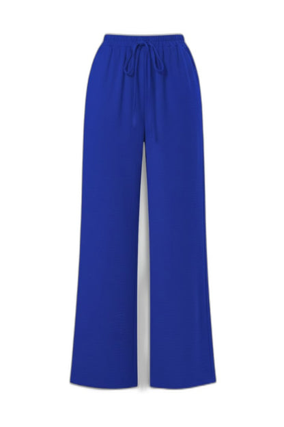 Effortless Blue Wide Leg Pants for Women with High Waisted Drawstring Palazzo Pockets Casual Style