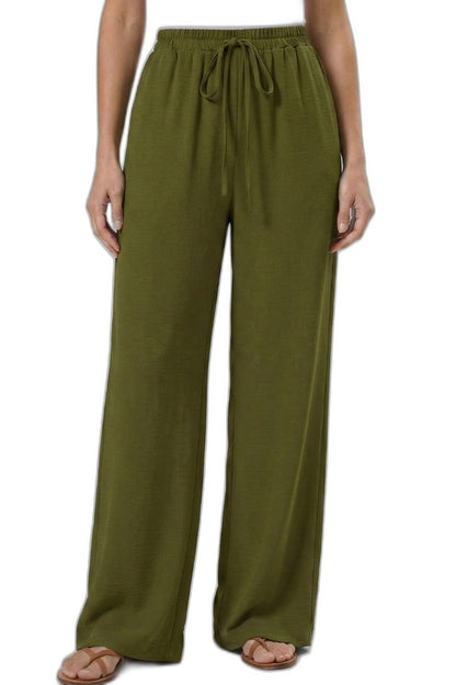 Effortless Blue Wide Leg Pants for Women with High Waisted Drawstring Palazzo Pockets Casual Style