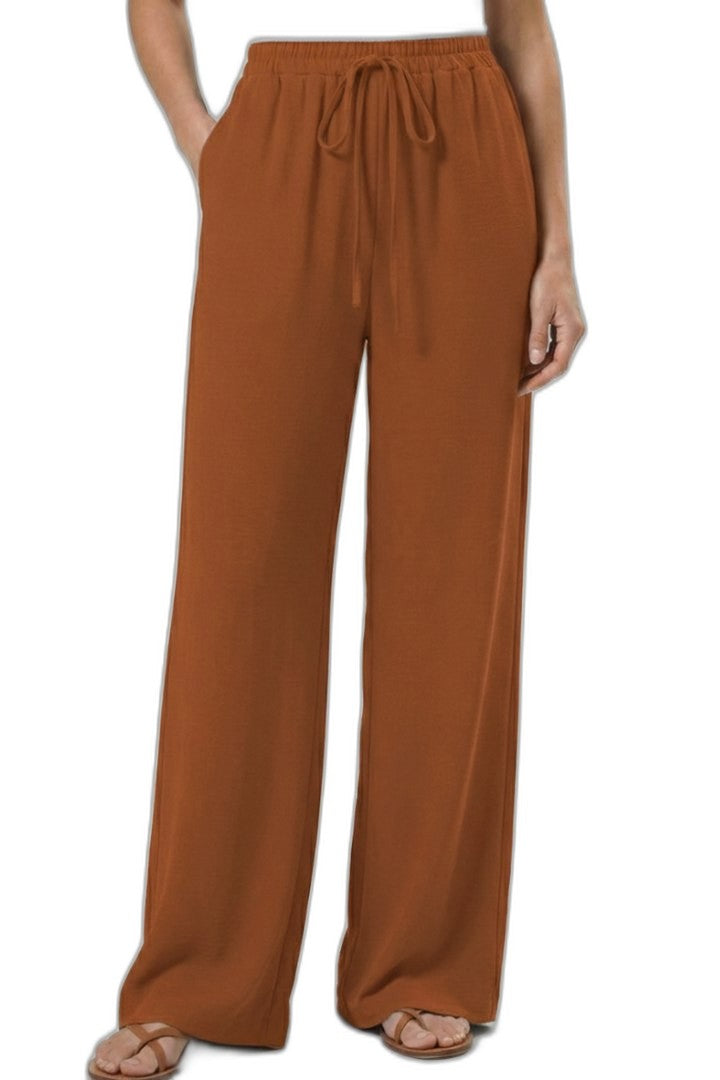 Effortless Blue Wide Leg Pants for Women with High Waisted Drawstring Palazzo Pockets Casual Style
