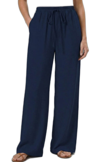 Effortless Blue Wide Leg Pants for Women with High Waisted Drawstring Palazzo Pockets Casual Style