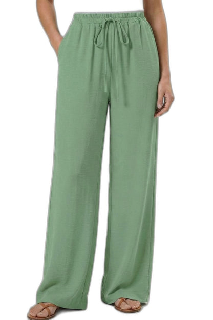 Effortless Blue Wide Leg Pants for Women with High Waisted Drawstring Palazzo Pockets Casual Style