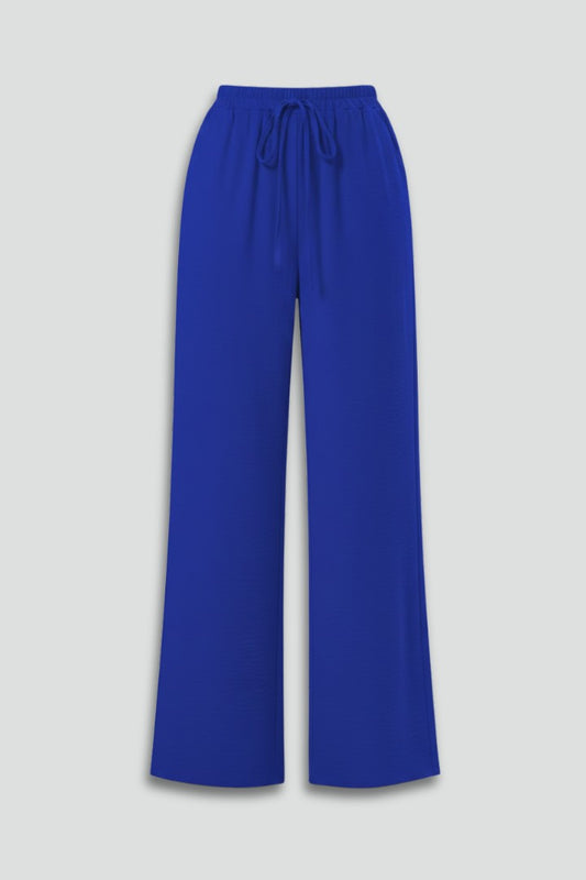 Effortless Blue Wide Leg Pants for Women with High Waisted Drawstring Palazzo Pockets Casual Style