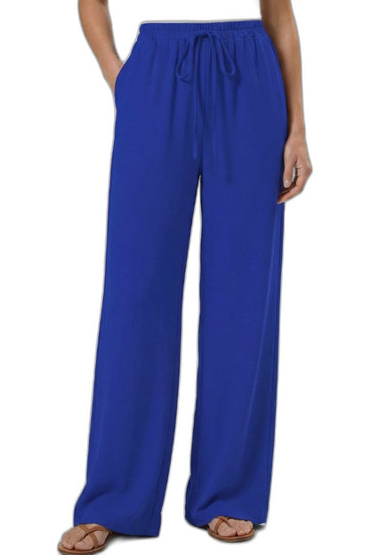 Effortless Blue Wide Leg Pants for Women with High Waisted Drawstring Palazzo Pockets Casual Style