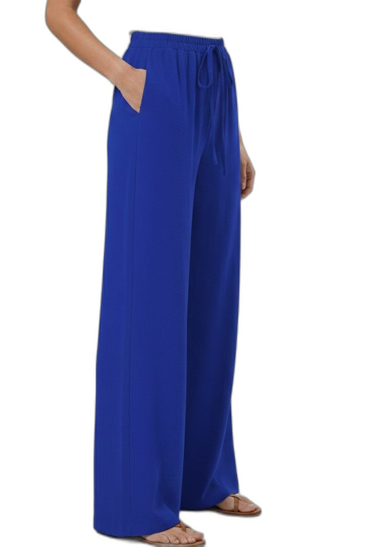 Effortless Blue Wide Leg Pants for Women with High Waisted Drawstring Palazzo Pockets Casual Style