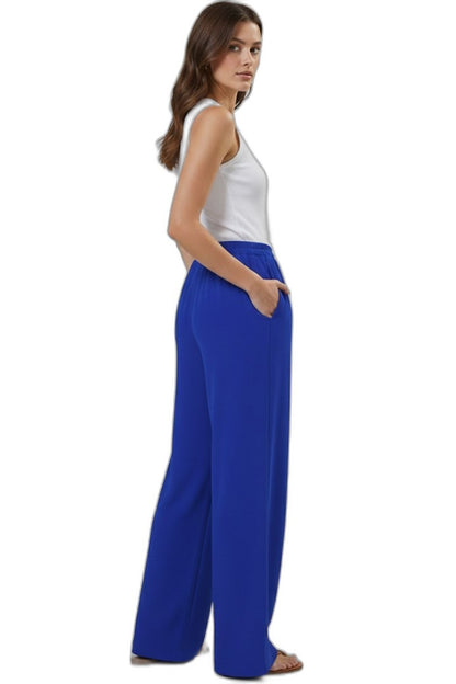 Effortless Blue Wide Leg Pants for Women with High Waisted Drawstring Palazzo Pockets Casual Style