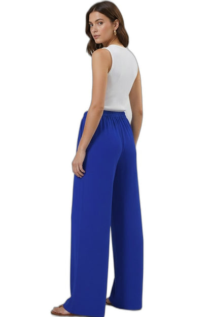 Effortless Blue Wide Leg Pants for Women with High Waisted Drawstring Palazzo Pockets Casual Style