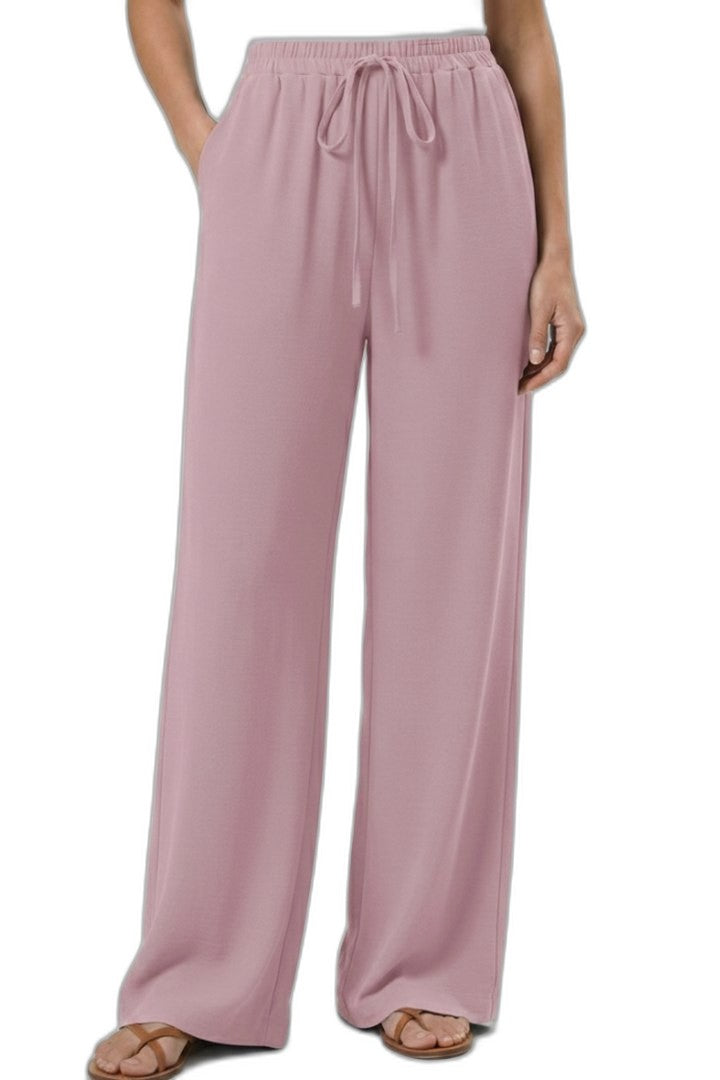 Effortless Blue Wide Leg Pants for Women with High Waisted Drawstring Palazzo Pockets Casual Style
