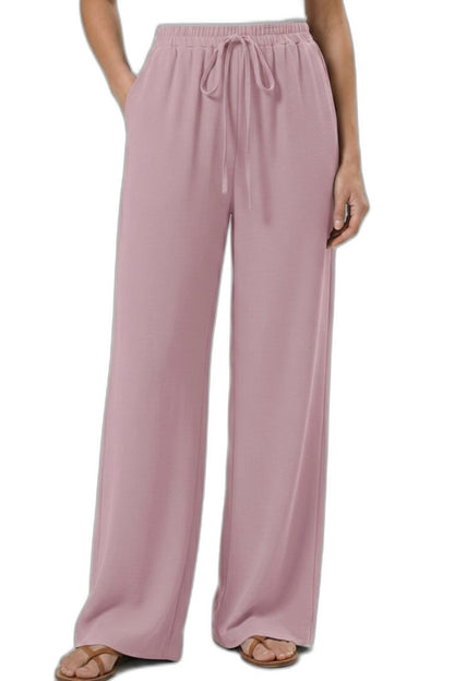 Effortless Blue Wide Leg Pants for Women with High Waisted Drawstring Palazzo Pockets Casual Style