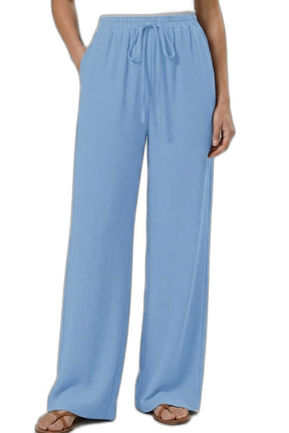 Effortless Blue Wide Leg Pants for Women with High Waisted Drawstring Palazzo Pockets Casual Style