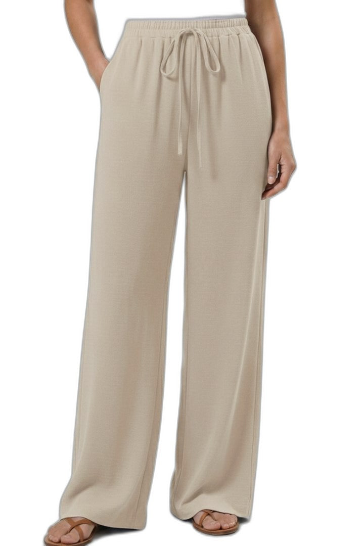 Effortless Blue Wide Leg Pants for Women with High Waisted Drawstring Palazzo Pockets Casual Style