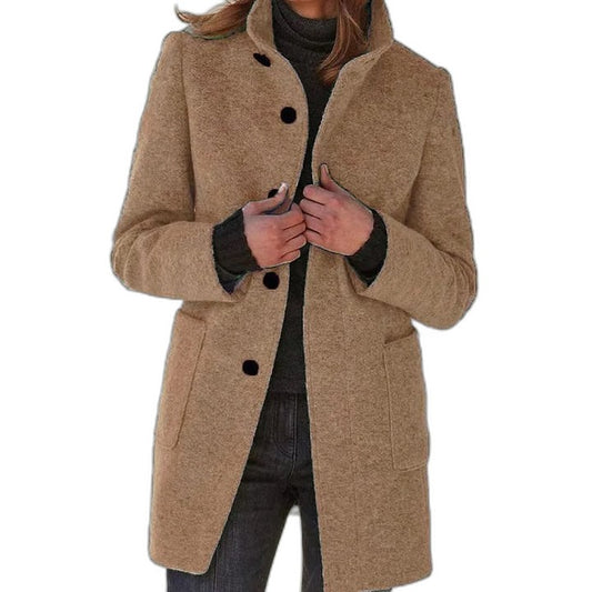 Effortless Brown Coat for Women with Collared Long Sleeve Button Front Casual Style